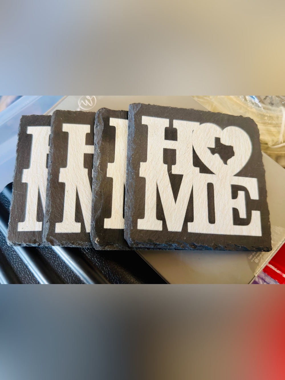 Home Accents Slate Coasters - White "HOME" Design. Texas